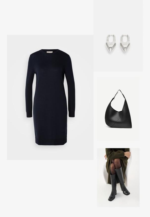 Robe en tricot bleu marine à manches longues, col rond et ourlet côtelé. Silhouette simple et droite, confectionnée dans un tissu doux.; Bottes en cuir noires arrivant au genou, avec un bout carré et un talon carré, présentées sur un modèle assis dans un manteau vert olive. Texture lisse, détails minimaux.; Sac à épaule en cuir noir avec forme triangulaire incurvée, une seule sangle ajustable, et une couture diagonale visible à l'avant.; Cadenas en forme de cœur en argent avec les inscriptions gravées "OUI" et "NON", finition polie, design symétrique et un robuste fermoir en métal.