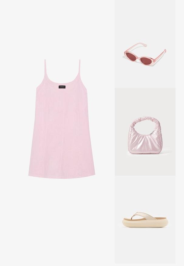 Top sin mangas de color rosa claro con tirantes finos, escote en V y una tela sutilmente texturizada. Presenta costuras verticales como detalle de diseño.; Chancla beige con una amplia correa en los dedos y una suela gruesa y redondeada. Presenta un material superior suave y una plantilla en color marrón que contrasta.; Gafas de sol transparentes rosas con lentes ovalados, tinte rojo oscuro y varillas delgadas, con un acabado suave y detalles sutiles en la montura.; Bolso de mano acolchado en color rosa con un diseño redondeado, fabricado en material brillante. Presenta un asa fruncida y un cierre de cremallera para un acceso seguro.