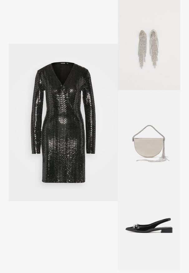 Pieces PCSIDDY WRAP DRESS - Robe en jersey - black/silver; Chaussure slingback en cuir verni noir avec un bout pointu, un petit talon carré et un détail en métal argenté à l'avant.; Sac à main en satin beige en forme de demi-lune avec une chaîne en argent scintillante et des détails à franges. Texture lisse avec un design minimaliste.; Boucles d'oreilles en argent présentant un design en cascade avec plusieurs rangées de strass scintillants, des pointes effilées et de délicates nuances de chaîne.