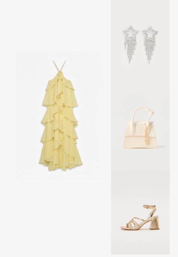 Lysegul ærmeløs kjole med flere lag flæser og tynde skulderstropper, med et blomstermotiv ved halsudskæringen.; Guldfarvede hæle-sandaler med en strappy design, firkantet blokhæl og justerbar ankelrem med spænde. Glat tekstur.; Lille cremefarvet håndtaske med topstrop, knudedetalje og guldkæde-charme på en ensfarvet lys baggrund.; Rhinestone stjerne øreringe med dryppende frynsedetaljer, præget af sølvfarve og en blank, reflekterende overflade. Stjernedesign med detaljeret udformning.