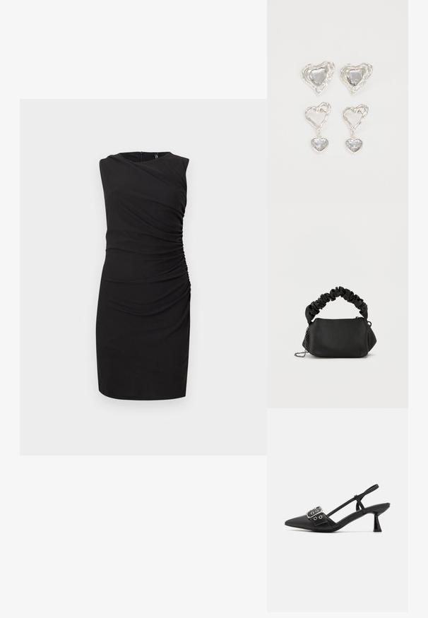 Vestido negro sin mangas hasta la rodilla con escote asimétrico y detalle fruncido en un lado, silueta ajustada sobre un fondo liso.; Simmi London DALA - Tacones - black; Bolso negro con forma redondeada, hecho de material suave. Cuenta con un asa suave y arrugada y una correa de cadena de metal para mayor versatilidad.; Pendientes en forma de corazón plateados que presentan piedras claras facetadas, con un marco texturizado. El conjunto incluye estilos de perno y tipo gota.