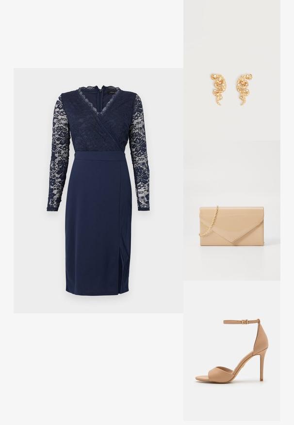 Marineblauwe midi-jurk met lange kanten mouwen, kanten overslag-top, V-halslijn, getailleerde taille en zijsplit.; ALDO CRERIDE PILLOW WALK - Sandalen - beige; Beige gepatineerd leren clutch met een gouden kettinghengsel, met een envelopontwerp en een spitse klepsluiting. Gladde textuur overal.; Oorringen in goudkleurige slangvorm, versierd met kleine heldere kristallen op een eenvoudige lichte achtergrond.