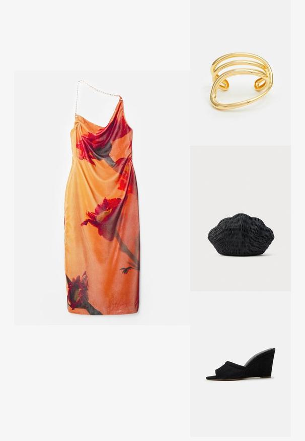 Robe en satin avec un motif floral vibrant orange, présentant une bretelle avec un accent de chaîne et une silhouette drapée.; Sandale compensée noire avec un bout ouvert et un dessus en tissu courbé avec une finition texturée. Le talon compensé mesure environ 8 cm de hauteur.; Sac à main en osier noir en forme de coquille Saint-Jacques avec un dessus courbé et une texture tressée sur un fond uni.; Bracelet en laiton plaqué or présentant trois bandes ondulées et lisses avec des extrémités arrondies. Le design est minimaliste et sans couture avec une finition polie.