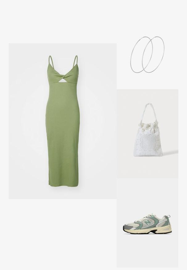 Groene aansluitende jurk van ribstof, met dunne bandjes en een ruitvormige uitsnede aan de voorkant, tot halverwege de kuit.; Witte en lichtgroene New Balance sport sneaker met mesh stof, beige zool en zwarte loopzool, zijaanzicht op een effen achtergrond.; Witte stoffen draagtas met kanten bloemenborduurwerk en een geplooid bovenhandvat, getoond tegen een effen lichte achtergrond.; Zilveren hoepel oorbellen met een minimalistisch ontwerp. Cirkelvormig, gladde textuur en dun profiel. Lichtgewicht met een gepolijste afwerking.