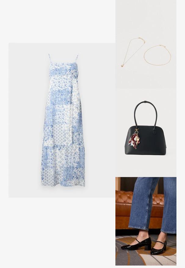 Vestido maxi de tela blanca con patrones florales y geométricos en azul. Presenta tirantes finos, un corpiño ajustado y una falda amplia.; Zapatos de charol negros con punta afilada, tacón cuadrado y correa en el tobillo, llevados con jeans de pierna ancha, sobre una alfombra estampada.; Bolso de cuero negro con forma redondeada, que cuenta con un llavero de herrajes dorados y un detalle de pañuelo multicolor. Textura suave, cierre con cremallera.; Dos delicadas cadenas de oro sobre una superficie blanca; una con un colgante circular de nácar, y la otra una sencilla pulsera de cadena.