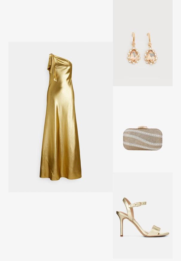 Goudkleurige satijnen jurk met één schouder en een strikdetail bij de schouder, met een gladde, elegante textuur en een floor-length ontwerp.; Gouden metallic, gestrikte hoge hak sandaal met een gesp sluiting, open teen en een gladde textuur. Kenmerkt zich door een slanke, puntige hak.; Kleine rechthoekige gouden clutch bedekt met gouden kralen en witte pailletten gerangschikt in diagonale golfpatronen, met een gouden sluiting bovenop.; Gouden oorhaken met grote perzikkleurige druppelstenen omgeven door kleine heldere kristallen op een effen witte achtergrond.