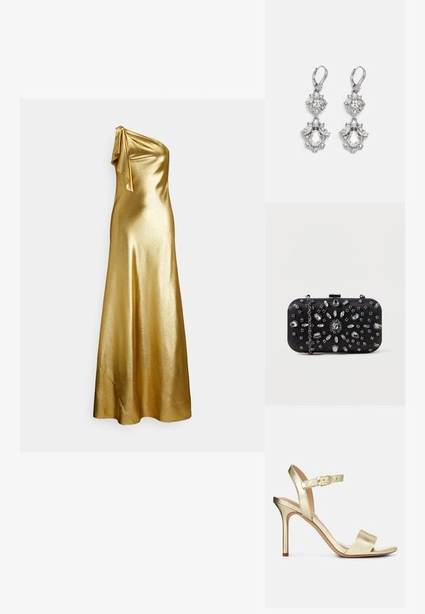 Goudkleurige satijnen jurk met één schouder en een strikdetail bij de schouder, met een gladde, elegante textuur en een floor-length ontwerp.; Gouden metallic, gestrikte hoge hak sandaal met een gesp sluiting, open teen en een gladde textuur. Kenmerkt zich door een slanke, puntige hak.; Zwarte clutch met een rechthoekige vorm, versierd met verschillende strass-steentjes in een bloemmotief, voorzien van een zilveren ketting voor het dragen.; Zilverkleurige oorbellen met meerdere heldere kristalgesteenten in druppel- en marquisevormen, met sluitingen met een leversysteem en ingewikkelde details.