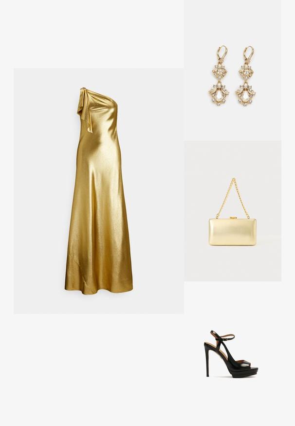 Vestido de satén dorado de un solo hombro con un detalle de lazo en el hombro, caracterizado por una textura suave y elegante y un diseño hasta el suelo.; Sandalia negra de tacón alto con punta abierta, tira en el tobillo, material de cuero brillante, base de plataforma y tacón stilettos. Detalle de hardware dorado.; Bolso de mano dorado rectangular con acabado brillante, cierre metálico y asa corta de cadena dorada sobre un fondo claro y liso.; Pendientes colgantes en tono dorado con un diseño de racimo que incluye cristales claros en forma redonda y de lágrima, mostrando un detallado intrincado.