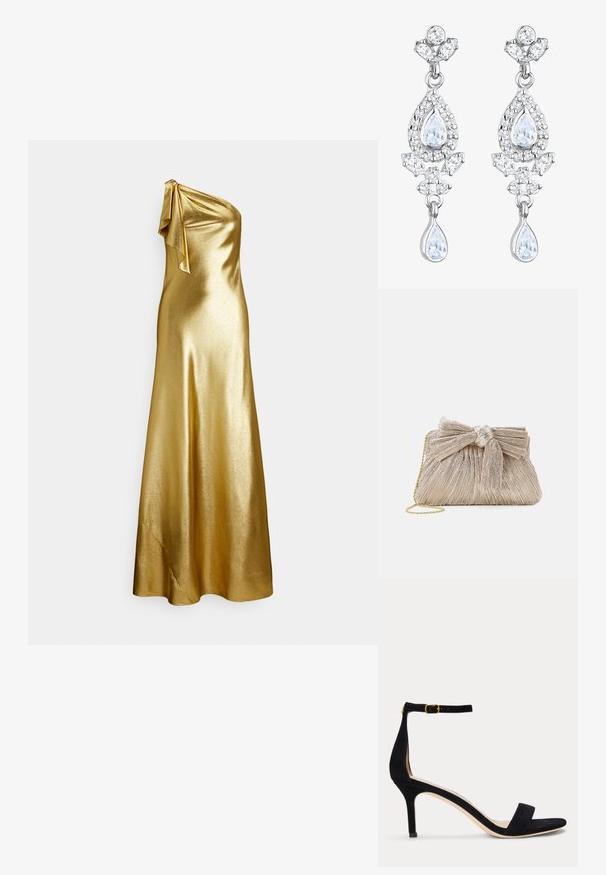 Goudkleurige satijnen jurk met één schouder en een strikdetail bij de schouder, met een gladde, elegante textuur en een floor-length ontwerp.; Zwarte suède sandaal met hoge hak, een smalle enkelriem en gouden gesp, open teen en een matige hak op een effen witte achtergrond.; Metalen gouden clutch tas van geplooid stof, met een strikdetail aan de bovenkant en een gouden kettingband voor veelzijdigheid en gemakkelijk dragen.; Elli ANTIQUE DROP - Oorbellen - weiß