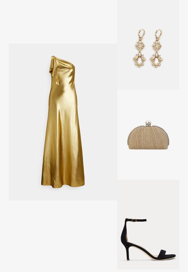 Ein goldfarbenes Satin-Kleid mit einem schulterfreien Design und einer Schleifendetail an der Schulter, das eine glatte, elegante Textur und eine bodenlange Länge aufweist.; Schwarze Wildleder-Sandalette mit schmalem Knöchelriemen und goldener Schnalle, offenem Zehenbereich und mittelhohem Absatz auf weißem Hintergrund.; Clutch aus goldfarbenem Stoff mit plisierter Textur, silbernem Rahmen und großem Perlenverschluss mit kleineren Perlen am Rand.; Ohrringe mit Gold-Finish im Design eines Clusters, das runde und tropfenförmige klare Kristalle zeigt und aufwendige Details präsentiert.