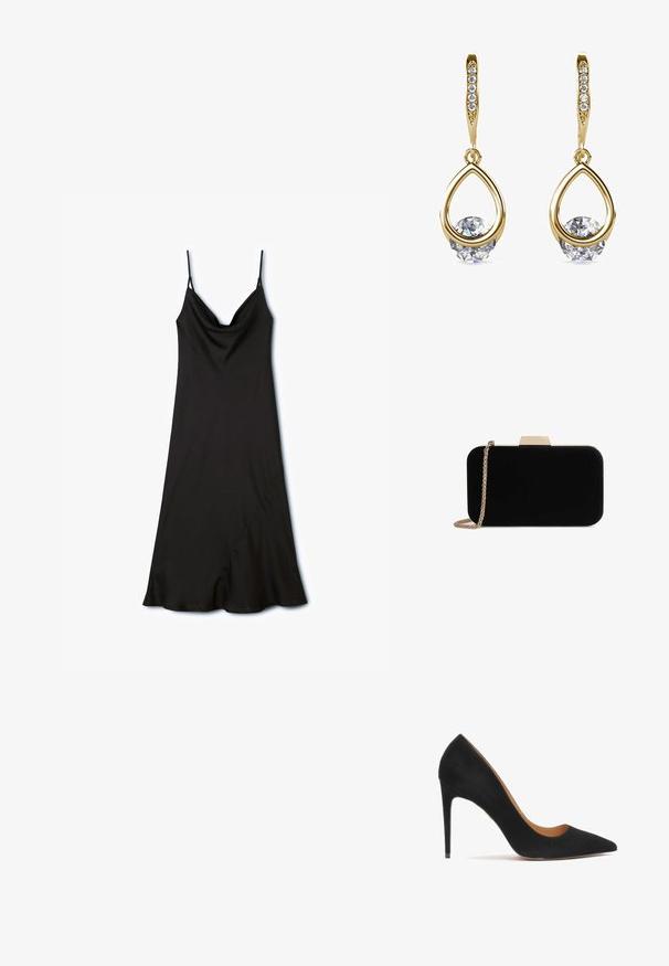 Schwarzes Kleid mit verstellbaren Spaghetti-Trägern, einem Cowl-Ausschnitt und einem asymmetrischen Saum, aus glattem, leichtem Stoff gefertigt.; Schwarze Wildleder-Pumps mit hohen Absätzen und spitzem Zehenbereich, glatter Oberfläche und eleganter Silhouette. Sie verfügen über einen schlanken Stiletto-Absatz und offene Seiten.; Schwarze Samt-Clutch mit goldfarbener Hardware, rechteckiger Form und Kettenriemen, mit glatter Textur und ohne sichtbare Muster.; Goldene Tropfenohrringe mit runden, klaren Edelsteinen an der Basis. Texturierter Oberbereich mit kleinen, runden Akzenten entlang des Creolen.