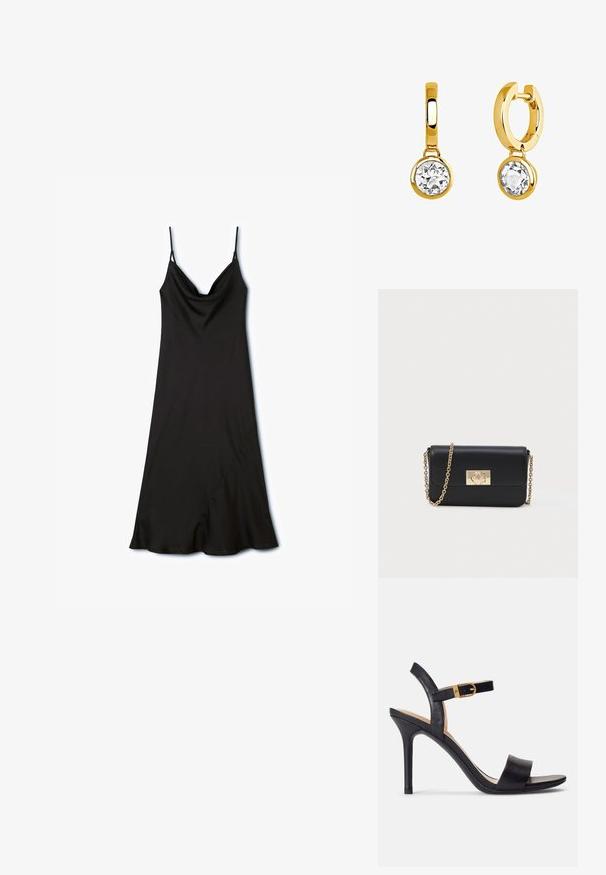 Vestido negro de tirantes ajustables, con escote en cowl y dobladillo asimétrico, hecho de una tela suave y ligera.; Sandalias de tacón alto negras con parte superior de cuero suave, punta abierta y diseño de tira única con un detalle de hebilla dorada.; Bolso de piel negra tipo bandolera con correa de cadena dorada y cierre rectangular dorado en la parte delantera, sobre un fondo claro y liso.; Pendientes en tono dorado con piedras preciosas redondas y transparentes; diseño de gota única; acabado liso y pulido; montura de aro y garras.