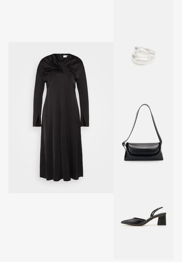 Sort langærmet kjole lavet af glat stof med en snoet halsudskæring og sideslids, der har et luftigt design og ankel-længde søm.; Sort lædersko med slingback, spids tå, lav blokhæl og minimalistisk design med tynde remme og glat tekstur.; Sort læderhåndvask med en struktureret form, en glat overflade og en enkelt skulderrem. Har et subtilt, rundet klapdesign.; Sølvring med dobbeltbånd og en glat, poleret overflade. Den har et flydende, buet design med overlappende sektioner for et moderne udtryk.