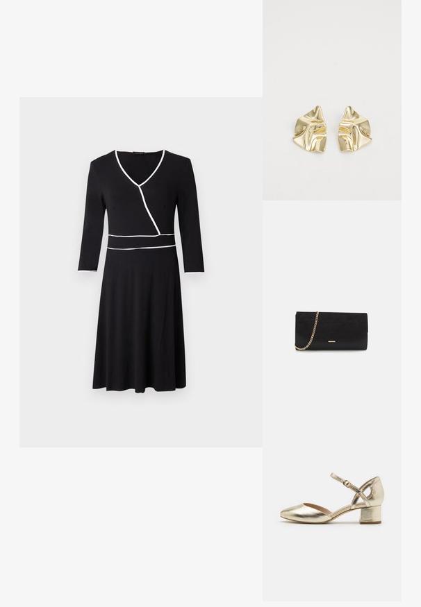 Robe noire à manches trois-quarts, col en V, avec des accents de passepoil blanc autour de la poitrine et de la taille, dotée d'une jupe évasée.; Chaussures à talons en métal doré avec un bout arrondi, une sangle de cheville et un talon bloc. Texture lisse avec une finition brillante et un design à sangles croisées.; Porte-monnaie noir en daim avec une finition texturée, doté d'une chaîne dorée et d'un design épuré et angulaire.; Boucles d'oreilles en métal doré avec un design ondulé ; surface lisse et réfléchissante ; forme asymétrique ; sans motifs ni éléments visibles.