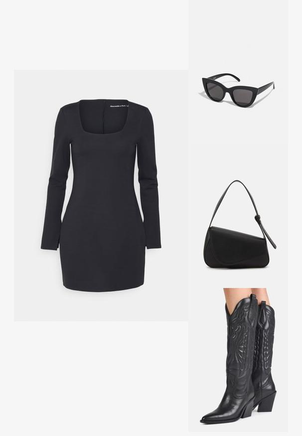 Abercrombie & Fitch SPLIT CUFF PONTE SHORT DRESS - Robe en jersey - black sparkle; Bottes de cowboy en cuir noir avec bouts pointus, coutures décoratives et talons blocs inclinés portées par une personne.; Lunettes de soleil noires en forme d'œil de chat avec une finition mate, dotées de verres teintés gris, d'angles aigus et de branches élégantes. Nom de la marque visible sur la branche intérieure.; Sac à main en cuir noir de forme triangulaire, avec un rabat incliné et une poignée supérieure arrondie. Il présente une texture lisse et des détails de design minimalistes.