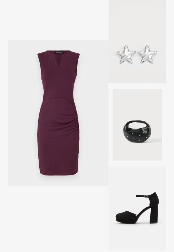 Anna Field SLEEVELESS HIGH V NECKLINE DRESS - Vabalt langev kleit - bordeaux; Mustad nubukist platvormi kõrged kontsad, millel on paks plokknina, ümmargune varvas ja pahkluu rihm, mis on kinnitatud metallist sanga abil. Ühtlane sile tekstuur.; Mustast nahast ümmarguse kujuga käekott, kaunistatud hõbedaste naeladega, lühikese sangaga. Sile tekstuur ja tõmblukuga sulgemine.; Hõbedased tähtkujulised kõrvarõngad, millel on poleeritud, sile pind. Iga kõrvarõnga puhul on viie tipuga ja peene pindade tekstuuriga detailid.