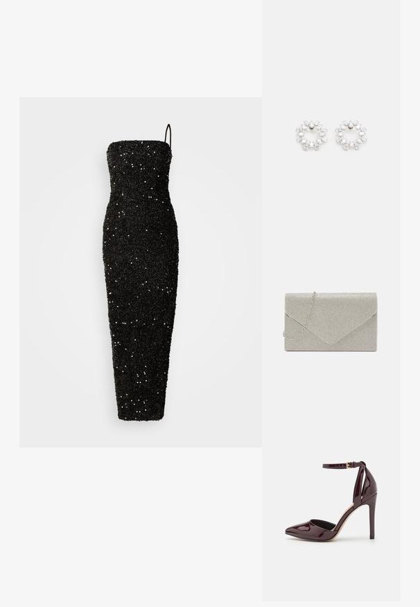 Jarlo CLEMENT - Ballkleid - black; Burgunderrotes patentiertes Leder hochhackiges Schuhwerk mit spitzer Zehe, Knöchelriemen und einem 10 cm hohen Stiletto-Absatz. Glatte Textur und minimale Details.; Metallisch silberne Clutch mit einem Umschlagdesign, verziert mit einem strukturierten Muster und ausgestattet mit einem abnehmbaren Kettenriemen.; Runde Ohrringe aus Metall, verziert mit mehreren klaren, facettierten Steinen, die in einem glitzernden Muster angeordnet sind. Farblos und reflektierend.