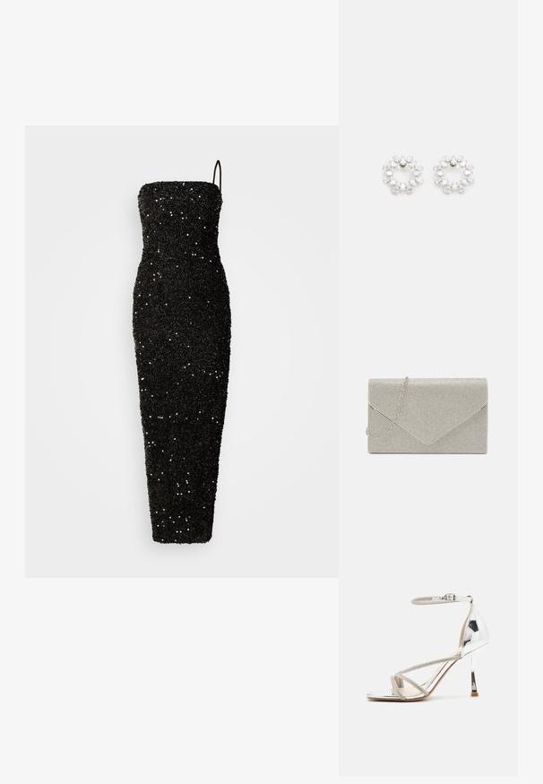 Jarlo CLEMENT - Vestido de fiesta - black; Sandalia de tacón alto plateada con un diseño de tiras, material brillante, acentos de strass y una correa delgada en el tobillo. Punta cuadrada y tacón pulido.; Bolso de mano metálico plateado con diseño de sobre, embellecido con un patrón texturizado, que incluye una correa de cadena desmontable.; Pendientes circulares de metal, con múltiples piedras transparentes y facetadas dispuestas en un patrón brillante. Incoloras y reflectantes.
