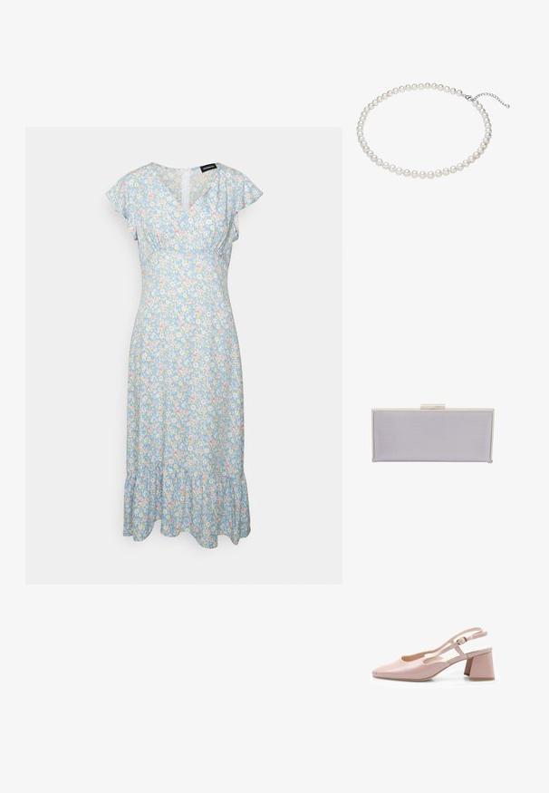 Even&Odd by Zalando Vestido informal - light blue/pink; Zapato de charol rosa con talón abierto, punta cuadrada, correa ajustable y tacón cuadrado. Superficie suave y diseño minimalista.; Clutch rectangular de lavanda hecho de material texturizado con bordes lisos. Presenta un cierre de clasp plateado en la parte superior.; Collar de perlas blancas con perlas de tamaño uniforme, textura suave y un broche de plata que cuenta con una cadena ajustable para personalizar la longitud.