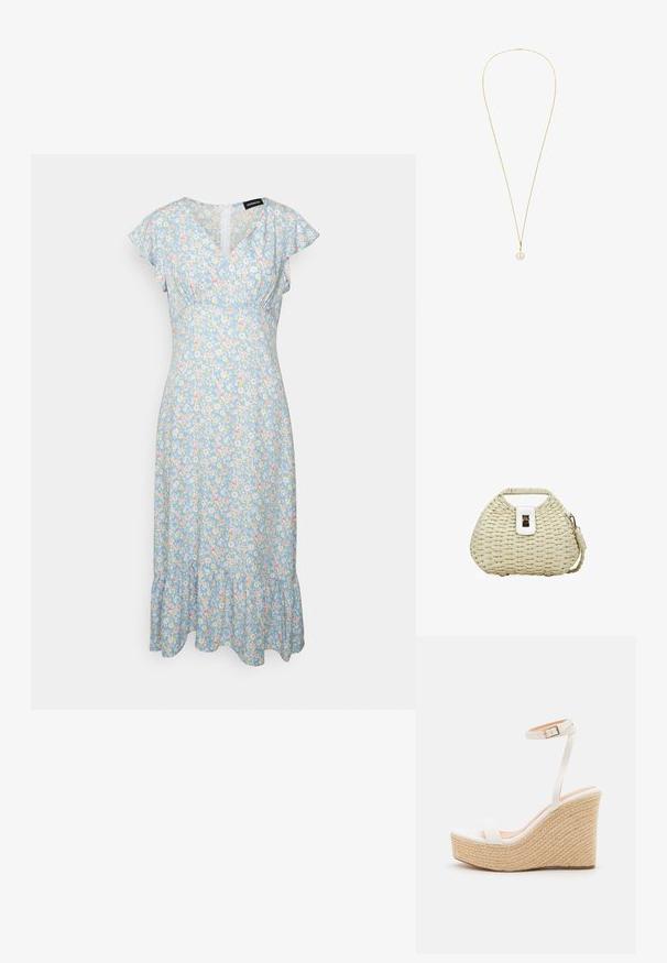 Even&Odd Vestido informal - light blue/pink; Sandalia de cuña blanca con plataforma de cuerda texturizada, que presenta una delgada correa en el tobillo y un diseño de punta cerrada suave.; Bolso de mano de paja tejida con forma curva, cierre de cuero blanco, asa pequeña y correa de hombro desmontable con cierre dorado.; Collar delicado de cadena de oro con un único colgante redondo de perla blanca centrado en la parte inferior.