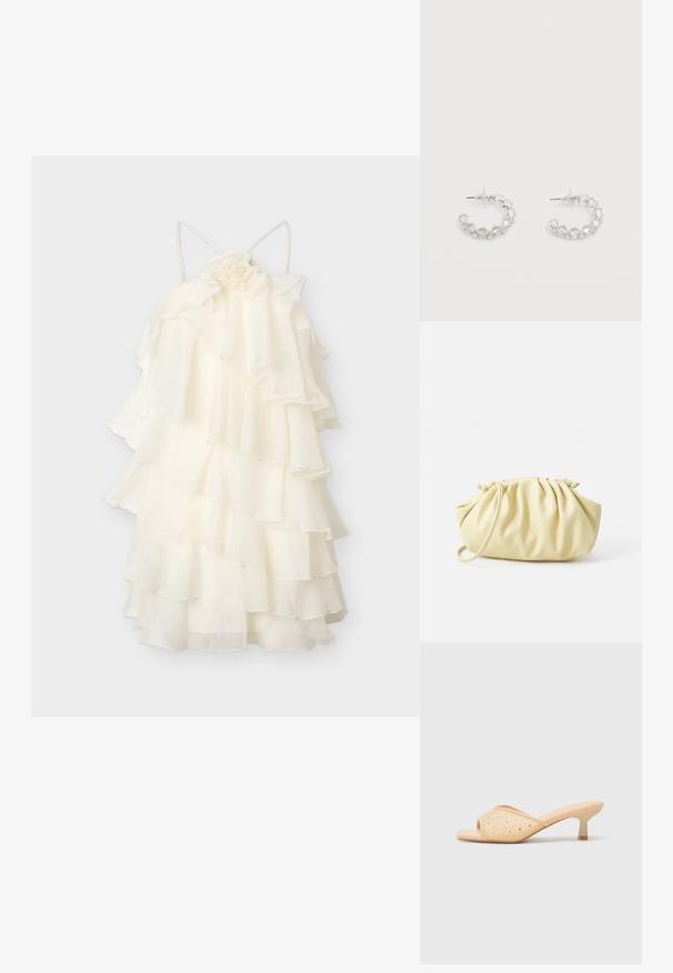 Robe blanche en chiffon à plusieurs couches avec de fines bretelles et un détail de rose en tissu près de l'encolure.; Mules à talons ouverts beige avec une finition matte lisse, ornés de strass transparents disposés en motif sur le dessus.; Sac à main plissé jaune en simili cuir lisse, arborant une forme douce avec une bandoulière unique et un design froncé sur le dessus.; Boucles d'oreilles anneaux en argent incrustées de cristaux facettés clairs, avec attaches à tige et embouts transparents sur fond blanc.