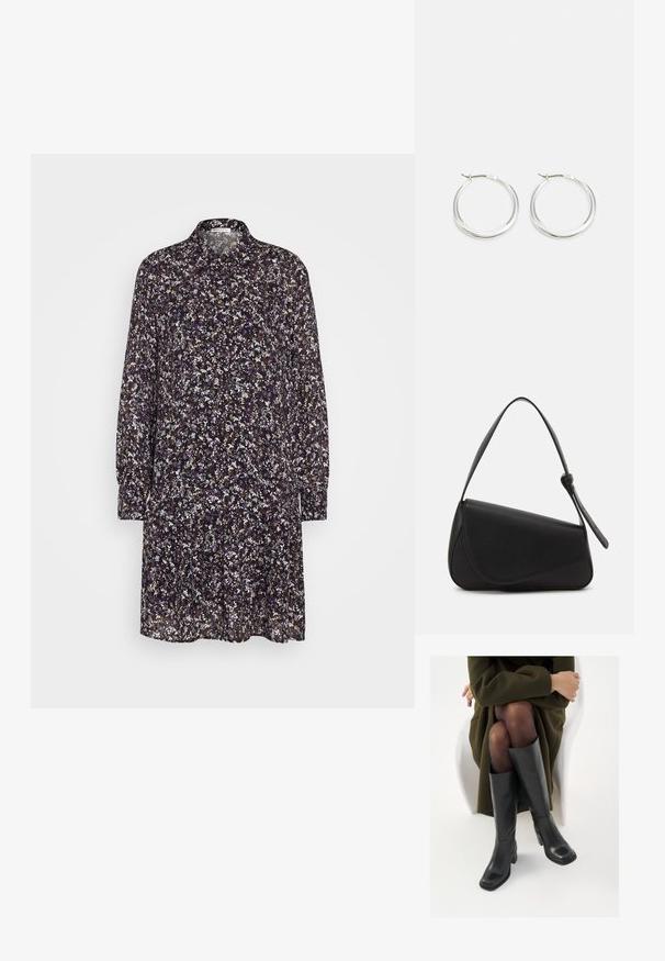 Robe florale avec un fond violet foncé, dotée de manches longues, d'un col et d'une silhouette fluide. Le motif comprend de petites fleurs blanches et violettes.; Bottes en cuir noires arrivant au genou, avec un bout carré et un talon carré, présentées sur un modèle assis dans un manteau vert olive. Texture lisse, détails minimaux.; Sac à main en cuir noir de forme triangulaire, avec un rabat incliné et une poignée supérieure arrondie. Il présente une texture lisse et des détails de design minimalistes.; Les boucles d'oreilles en argent en forme de créole présentent un design lisse et arrondi avec un profil fin et un fermoir sécurisé. Style minimaliste avec une finition polie.