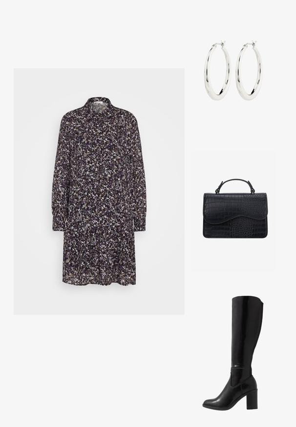 Robe florale avec un fond violet foncé, dotée de manches longues, d'un col et d'une silhouette fluide. Le motif comprend de petites fleurs blanches et violettes.; Bottes noires à talons vernies hauteur genou, avec un bout arrondi, une texture lisse, un détail de découpe sur le côté et un talon empilé chunky.; Sac à main en cuir noir avec texture crocodile, forme rectangulaire, rabat incurvé et poignée courte sur le dessus.; Boucles d'oreilles créoles en argent avec une finition lisse et brillante. Forme circulaire, dotée d'un fermoir sécurisé. Design simple et élégant.