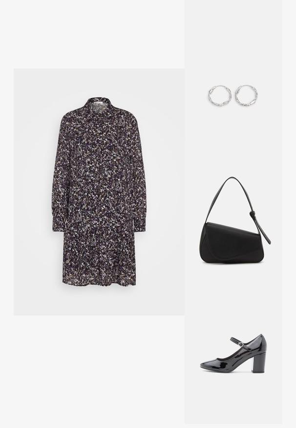 Robe florale avec un fond violet foncé, dotée de manches longues, d'un col et d'une silhouette fluide. Le motif comprend de petites fleurs blanches et violettes.; Chaussure à talon haut en cuir verni noir avec un bout rond, une bride de cheville et un talon carré. Fini brillant avec une texture lisse.; Sac à main en cuir noir de forme triangulaire, avec un rabat incliné et une poignée supérieure arrondie. Il présente une texture lisse et des détails de design minimalistes.; Boucles d'oreilles en argent en forme de créole, avec une texture ondulante et irrégulière. Présente une forme circulaire mince et une finition réfléchissante.