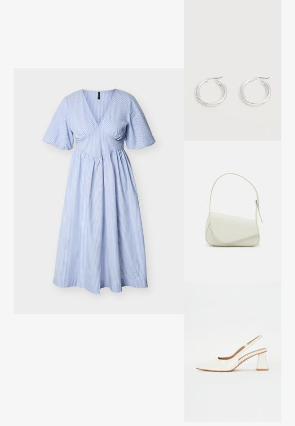 Lichtblauwe midijurk met witte verticale strepen, V-hals, zwierige mouwen, getailleerde taille en geplooide rok.; Witte patenten leren slingback schoen met een spitse neus en een geometrische blokhak. Het interieur heeft een tan kleurige inlegzool en minimale zijsnedes.; Witte nepleren handtas met een gestructureerde driehoekige vorm, een enkele verstelbare schouderriem en een klep met ronde accenten.; Een paar middelgrote glanzende zilveren oorringen met dunne metalen sluitingen op een lichte neutrale achtergrond.