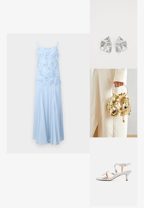 Vestido de noche sin mangas azul claro con cuerpo de encaje floral y falda fluida de gasa.; Sandalia de tacón bajo con tiras plateadas, textura metálica, correa de tobillo ajustable y diseño de punta abierta. Plantilla lisa.; Bolso de drawstring de lentejuelas doradas con un asa circular, que presenta brillantes lentejuelas redondas y una tela texturizada. No se proporcionan dimensiones.; Pendientes de metal plateado con un diseño ondulado y escultórico, que presentan un acabado pulido y formas irregulares, destacando una estética contemporánea.