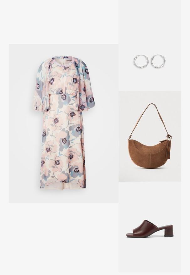 Vestido floral en rosa claro, azul y gris, con una cintura ajustada y mangas con vuelo, hecho de una tela ligera. Presenta un escote redondo y detalles fruncidos.; Sandalias de slide abiertas de color burdeos oscuro, hechas de cuero suave, con un diseño redondeado y un tacón grueso para mayor estabilidad. Se muestra vista lateral.; Bolso de ante marrón con forma curva de media luna. Cuenta con una correa para el hombro, una pequeña etiqueta y costuras visibles a lo largo de los bordes.; Pendientes de aro plateados con textura ondulada e irregular. Presentan una forma circular delgada y un acabado reflectante.