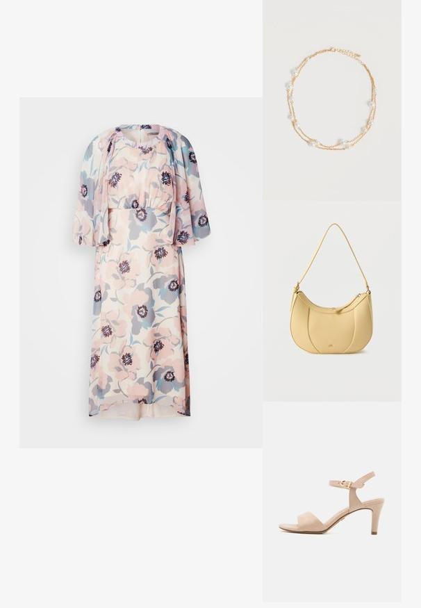 Robe fleurie en rose clair, bleu et gris, avec une taille cintrée et des manches flotter, fabriquée en tissu léger. Elle présente un col rond et des détails froncés.; Sandale à talons hauts en suède beige avec une sangle de cheville étroite, une ouverture à l'avant et un talon effilé de 7,5 cm; présente un détail de boucle en or.; Sac bandoulière jaune en cuir synthétique avec un design incurvé matelassé et une fermeture éclair, présentant une texture lisse et une sangle d'épaule ton sur ton.; Collier délicat à double chaîne en or avec de petites perles blanches espacées régulièrement sur un fond clair uni.