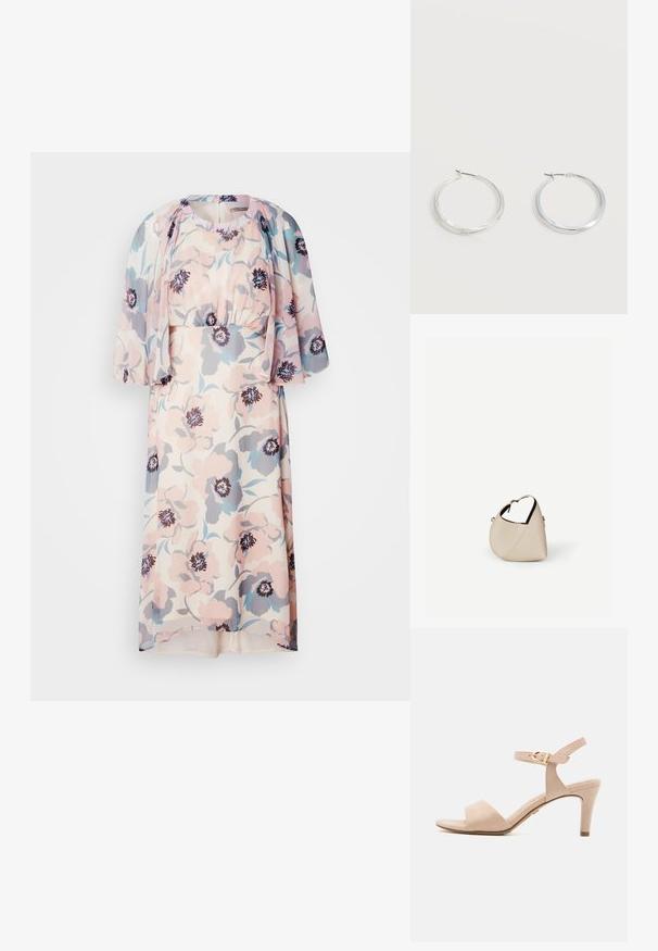 Robe fleurie en rose clair, bleu et gris, avec une taille cintrée et des manches flotter, fabriquée en tissu léger. Elle présente un col rond et des détails froncés.; Sandale à talons hauts en suède beige avec une sangle de cheville étroite, une ouverture à l'avant et un talon effilé de 7,5 cm; présente un détail de boucle en or.; Sac à main en cuir beige en forme de croissant avec une seule bandoulière et des coutures minimalistes, posé sur un fond blanc uni.; Boucles d’oreilles créoles en métal argenté avec une surface lisse légèrement incurvée et des fermoirs à clapet sur un fond blanc uni.