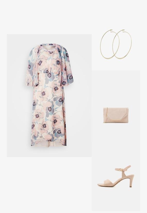 Vestido floral en rosa claro, azul y gris, con una cintura ajustada y mangas con vuelo, hecho de una tela ligera. Presenta un escote redondo y detalles fruncidos.; Sandal de tacón alto de ante beige con una correa delgada en el tobillo, punta abierta y tacón cónico de 3 pulgadas; presenta un detalle de hebilla dorada.; Clutch de ante beige con una cadena dorada y un acento de hardware rectangular. Presenta una solapa que se pliega con bordes en ángulo y detalle de costura.; Pilgrim Pendientes - gold-coloured