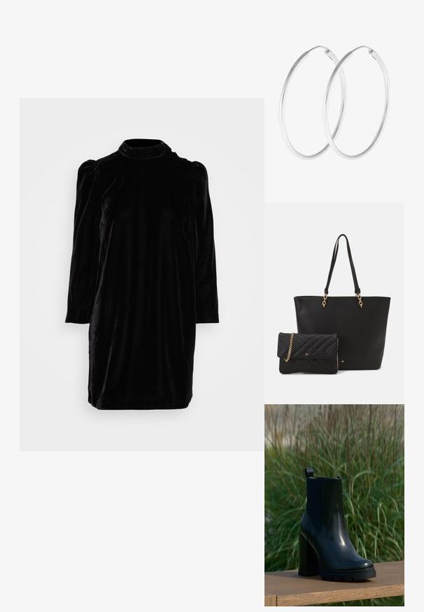 GAP MINI DRESS - Cocktailkjole / festkjole - black; Sort, skinnende læder ankelstøvle med kraftig høj hæl og trækketap, præsenteret på en træoverflade med en baggrund af højt grønt græs.; Sort faux læder tote taske med to solide håndtag og guld hardware, kombineret med en lille quilted sort clutch med kædestrop.; Sølvfarvede hoop øreringe med en glat, rund form og en poleret overflade. Begge øreringe er i samme størrelse og har en sikker lukke mekanisme.