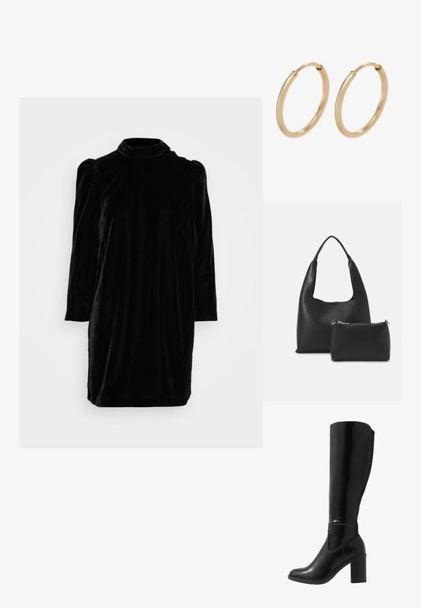 GAP MINI DRESS - Cocktailkjole / festkjole - black; Knæhøje sorte glansede støvler med hæl, rund tå, glat overflade, detalje med udskæring på siden og en chunky stablet hæl.; Even&Odd by Zalando Håndtasker - black; Guldøreringe med en glat, poleret overflade. Rund form, mellemstor, med en sikker lukkemekanisme.