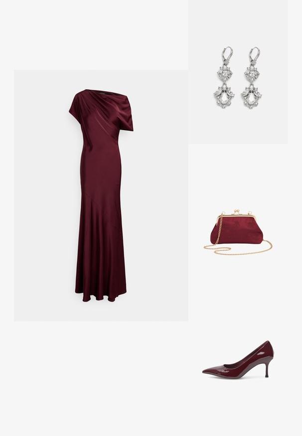 Vestido de noche burdeos de tela satén, con un diseño drapeado de un solo hombro, cuerpo ajustado y falda acampanada con costuras diagonales.; Woden WODEN - Tacones - cherry; Clutch de satén burdeos con patrones florales en relieve, marco de metal dorado y una correa de cadena desmontable para opciones de transporte versátiles.; Pendientes de tono plateado que presentan múltiples piedras de cristal transparente en formas de lágrima y marquesa, con cierres de palanca y un detallado intrincado.