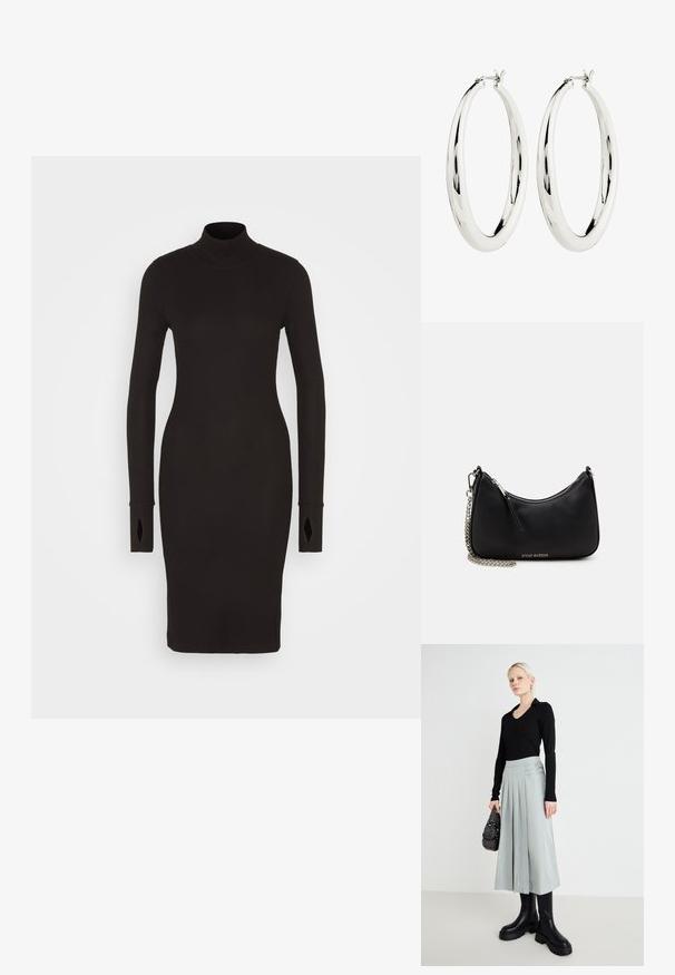 Schwarzes, geripptes Strickkleid mit hohem Hals, langen Ärmeln mit Ausschnitten und einer taillierten Silhouette, die über das Knie fällt.; Schwarzes Langarmoberteil, hellgrauer plissierter Rock mit Doppelverschlussdetails und schwarzen Boots mit dicker Sohle; silberne Handtasche mit Verzierungen.; Schwarze synthetische Handtasche mit geschwungener Form, silberner Kettenriemen, Reißverschlussverschluss und eingeprägtem Markenlogo auf der Vorderseite. Glatte Textur.; Silberne Creolen mit einer glatten, reflektierenden Oberfläche. Runde, große Form mit einem sicheren Verschluss an der Oberseite. Polierte Oberfläche betont den Glanz.