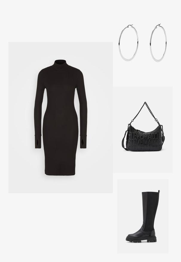 Schwarzes, geripptes Strickkleid mit hohem Hals, langen Ärmeln mit Ausschnitten und einer taillierten Silhouette, die über das Knie fällt.; Schwarze kniehohe Stiefel mit einer glatten Lederfront und einem strukturierten Stoffrücken, ausgestattet mit einer kräftigen, genoppten Sohle und einer Zuglasche für ein einfaches Anziehen.; Schwarze Handtasche aus strukturiertem Leder mit eingeprägtem Logo-Design, einem einzelnen Kettenriegel und abnehmbarem Gurt, mit Reißverschluss.; Große Silberohrringe mit polierter Metalloberfläche, die ein glattes, kreisförmiges Design und einen sicheren Klappverschluss aufweisen.