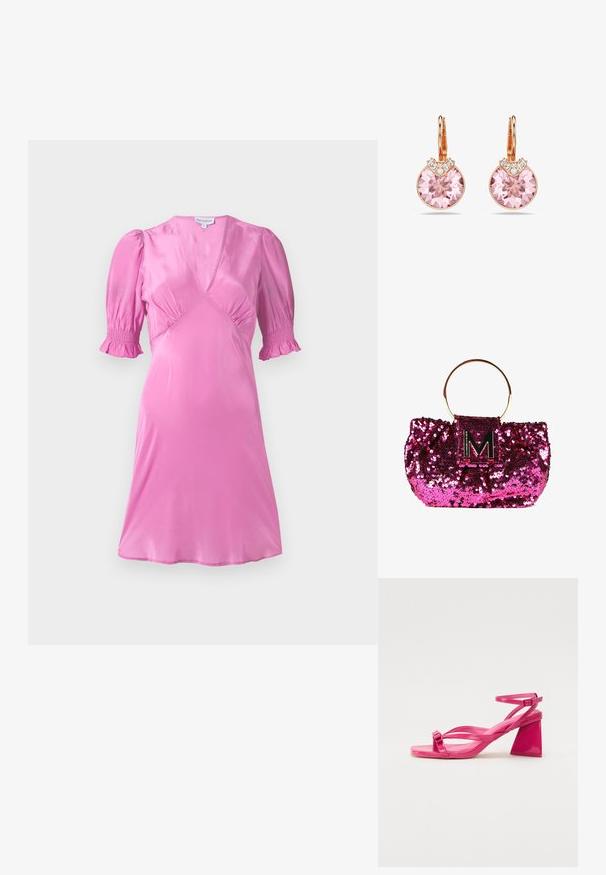 Vestido de satén rosa con mangas cortas abullonadas, escote en V y detalles fruncidos en el busto y los dobladillos de las mangas. Textura suave y brillante.; Sandalias de tacón de charol rosa con punta cuadrada, tiras estrechas y un tacón geométrico cuadrado. Presenta un detalle de hebilla en la tira.; Bolso de mano de lentejuelas rosas con un asa circular dorada y un logo con acentos en negro que presenta una "M". La textura es brillante y reflectante.; Pendientes de oro rosa con grandes cristales rosas con un grabado intrincado, complementados por pequeñas piedras decorativas transparentes.