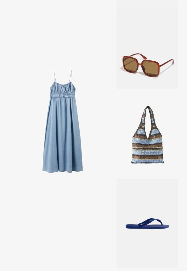 Lichtblauwe mouwloze maxi-jurk met dunne bandjes, gerimpelde elastische taille en vloeiende rok op witte achtergrond.; Enkele blauwe teenslipper met gestructureerde zool en Y-vormige band, zijaanzicht op een effen witte achtergrond.; Rode vierkante zonnebril met bruin getinte lenzen. Dikke, glanzende monturen en slanke armen met kleine details aan de zijkant voor visuele interesse.; Gehaakte draagtas met brede schouderbanden in horizontale strepen van bruin, lichtblauw, donkerbruin en beige.