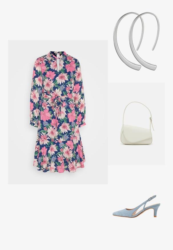 Anna Field by Zalando Vestido informal - blue/pink; Tacón slingback de ante azul claro, puntera puntiaguda, correa ajustable en el tobillo con hebilla de metal, plantilla beige natural y tacón bajo.; Bolso de mano de imitación cuero blanco con una forma triangular estructurada, correa ajustable única y cierre con solapa acentuada en curva.; Pendientes de aro de metal plateado con una superficie lisa y brillante, en forma de media luna, que presentan un diseño minimalista y sin patrones visibles.