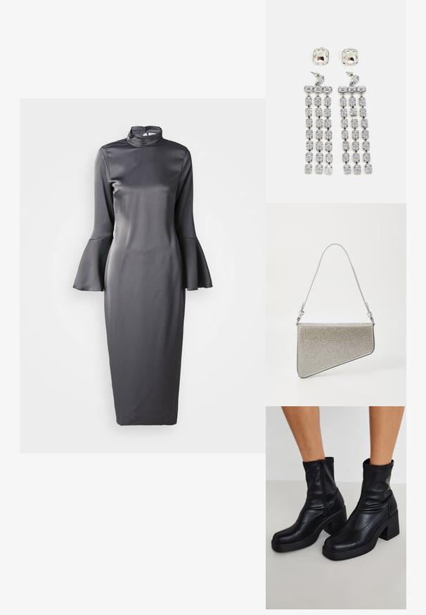Graues Satin-Midikleid mit hohem Kragen, langen Trompetenärmeln und einer schlanken Passform, das eine glatte Textur und einen minimalistischen Stil aufweist.; Schwarze Leder-Ankle-Boots mit hohem Blockabsatz, seitlichem Reißverschluss, glatter Textur und spitz zulaufendem Design.; Clutch-Tasche in dreieckiger Form, bedeckt mit silbernem Mesh-Stoff. Verfügt über einen dünnen, verstellbaren Schultergurt und metallische Hardware-Akzente.; Kristall-Ohrringe mit silberfarbener Hardware, die einen quadratischen Stecker und kaskadierende Reihen von rechteckigen und achteckigen Kristallen aufweisen.