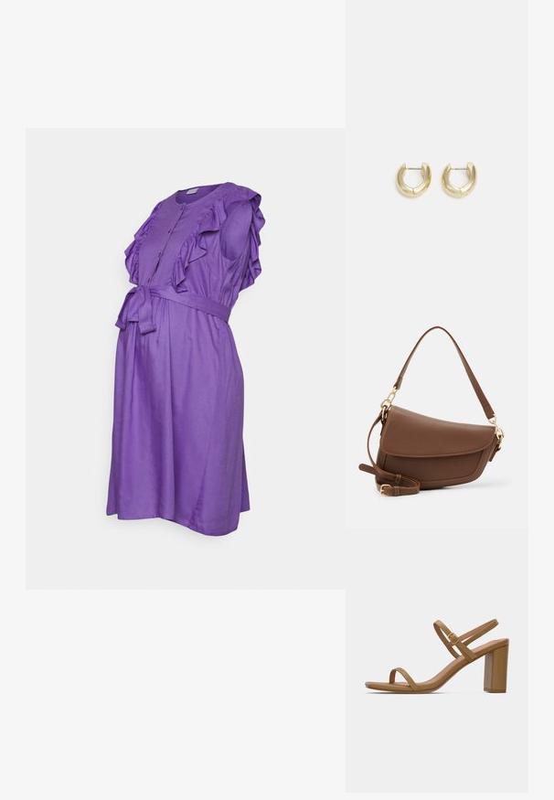 MAMALICIOUS MLMERCY CAP SHORT DRESS - Vestido ligero - purple; Sandalias de tacón de color marrón claro con dos correas delgadas y un tacón cuadrado. Material suave con un diseño minimalista y un pequeño detalle de hebilla dorada.; Bolso de hombro de cuero marrón con acabado texturizado, forma curvada, herrajes en tono dorado, correa ajustable y cierre de solapa.; Pendientes de aro en tono dorado con un acabado suave y pulido. Presentan una forma de medio círculo y un cierre de poste seguro.