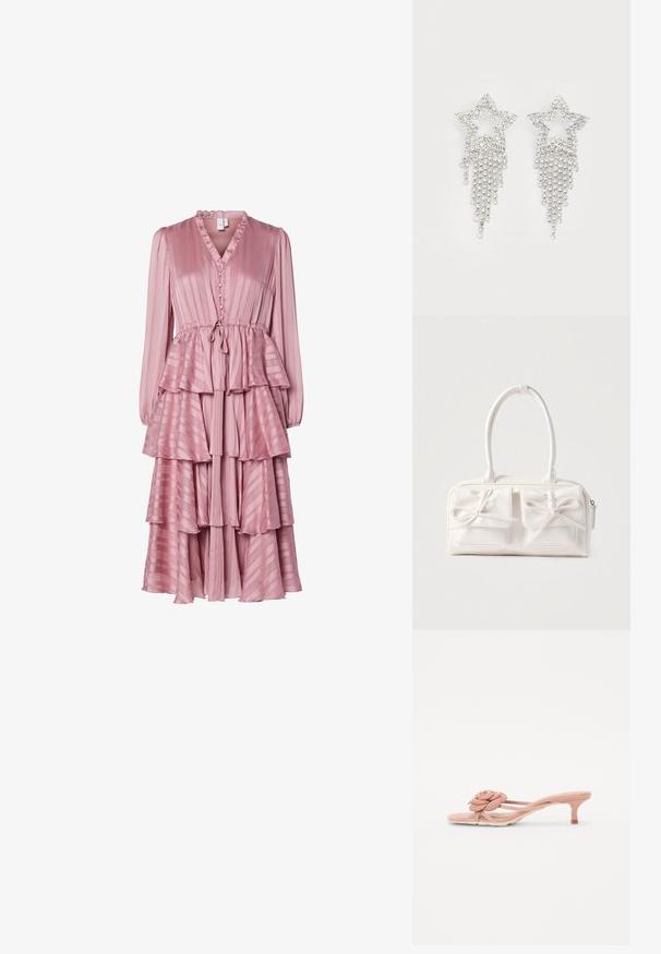 Largo vestido rosa con escote en V, cuello con volantes, cierre de botones, diseño de capas en niveles y rayas verticales en un material ligero.; Chanclas de color rosa claro con un detalle texturizado de flor en la tira y un tacón pequeño. Material suave y diseño abierto.; Bolso sintético blanco con dos bolsillos delanteros, cada uno con un detalle de lazo atado. Textura suave, asas redondeadas y cierre de cremallera.; Pendientes en forma de estrella con strass y detalles de flecos en cascada, con un tono plateado y una superficie brillante y reflectante. Forma de estrella con un diseño intrincado.