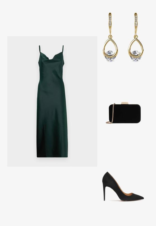 Robe en satin vert foncé avec des bretelles spaghetti, encolure en cowl et une silhouette élégante, longue jusqu'au sol. Texture lisse et design minimaliste.; Escarpin noir en daim à talon haut avec un bout pointu, texture lisse et silhouette élégante. Présente un talon aiguille fin et des côtés ouverts.; Pochette en velours noir avec quincaillerie dorée, de forme rectangulaire, et une bandoulière en chaîne, présentant une texture lisse et sans motifs visibles.; Boucles d'oreilles en or en forme de goutte avec des pierres précieuses rondes et transparentes à la base. Section supérieure texturée avec de petits accents ronds le long de l'anneau.