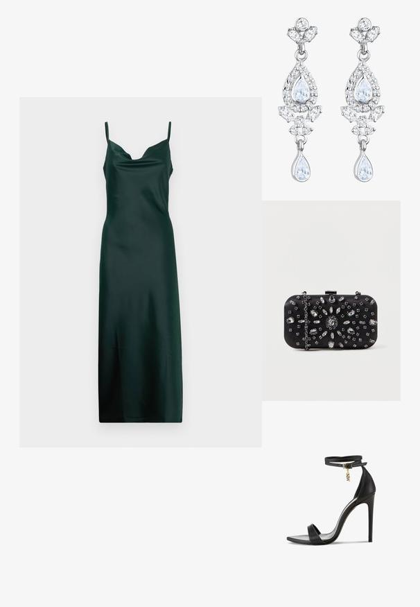 Dunkelgrünes Satin-Kleid mit Spaghettiträgern, Schalkragen und einer eleganten, bodenlangen Silhouette. Glatte Textur und minimalistisches Design.; Schwarze High-Heel-Sandale mit glattem Lederfinish, offener Zehenpartie, Knöchelriemen mit goldener Schnalle und einem dekorativen Charme.; Schwarze Clutch mit rechteckiger Form, verziert mit verschiedenen Strasssteinen in einem floralen Muster, ausgestattet mit einer silbernen Kette zum Tragen.; Elli ANTIQUE DROP - Ohrringe - weiß