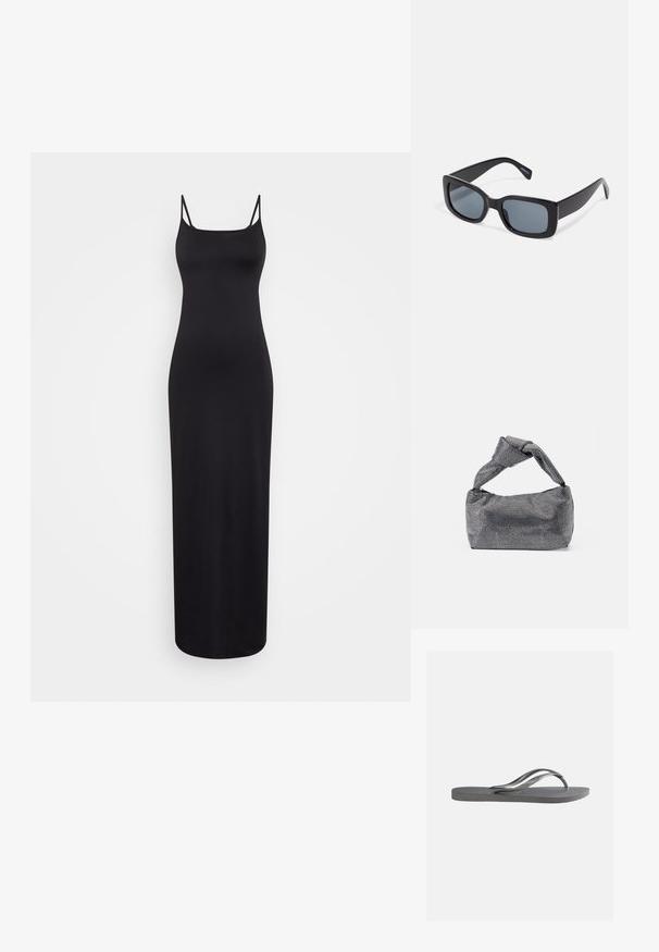 Weekday SOPHIE OPEN BACK DRESS - Maxikjoler - black; Flad grå klip-klap sandal med tekstureret sål og tynde Y-formede stropper, vist fra siden mod en ensfarvet lys baggrund.; Sorte rektangulære solbriller med mørkt tonede linser, tyk plastramme og brede stænger. Glat overflade og kantet design.; Sorte og sølv håndtaske med en tekstureret overflade, der har et diamantmønster, en knyttet håndtag og en struktureret form.
