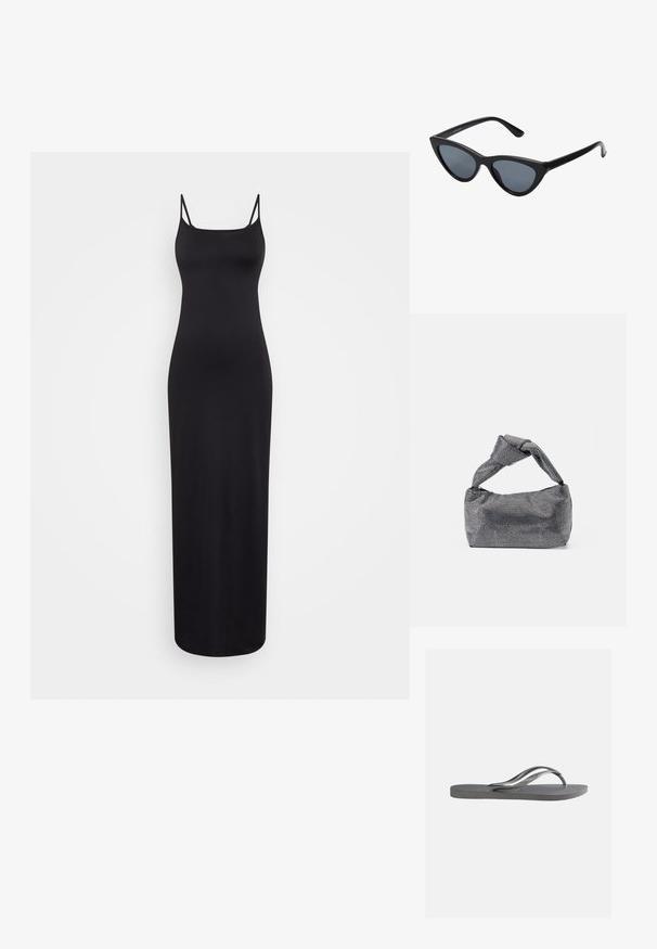 Weekday SOPHIE OPEN BACK DRESS - Maxikleid - black; Flache graue Flip-Flop-Sandale mit strukturiertem Fußbett und dünnen Y-förmigen Riemen, von der Seite vor einem schlichten hellen Hintergrund gezeigt.; Schwarze Cat-Eye-Sonnenbrille mit dunkelgrauen Gläsern, schlankem Kunststoffrahmen, spitzen Ecken und geraden Bügeln. Keine sichtbaren Befestigungen oder Akzente.; Schwarz-silberne Handtasche mit einer strukturierten Oberfläche, die ein Diamantmuster aufweist, einem geknoteten Griff und einer strukturierten Form.
