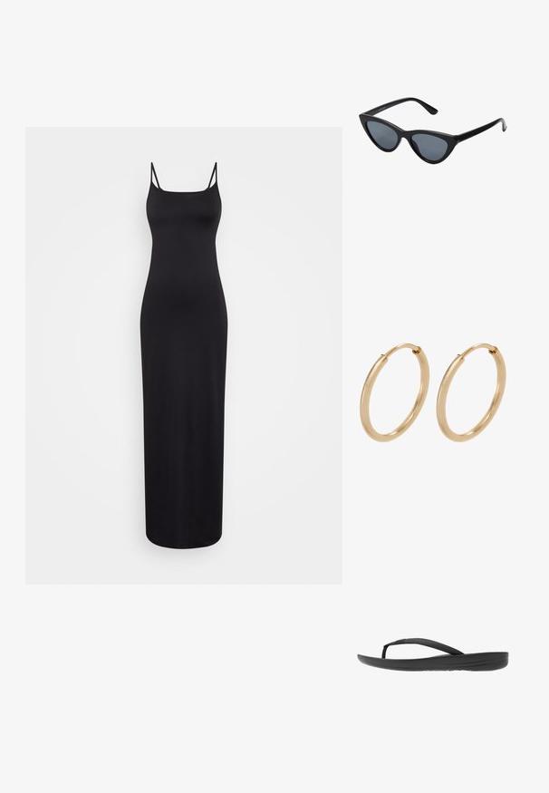 Weekday SOPHIE OPEN BACK DRESS - Maxi-jurk - black; Zwarte flip-flop met een gestructureerde band, een gevoerde zool en een strak, minimalistisch ontwerp. Geschikt voor casual gebruik.; Zwarte cat-eye zonnebril met donkergrijze lenzen, slank plastic frame, puntige hoeken en rechte pootjes. Geen zichtbare hardware of accenten.; Gouden creolen met een gladde, gepolijste afwerking. Ronde vorm, middelgrote maat, met een veilige sluitmechanisme.